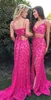 Gorgeous 2018 Fuchsia spets två bitar sjöjungfru brudtärna klänningar lång sexig spaghetti lae upp back sida split bröllopsfest prom klänning en11248