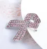 明るいピンクのラインストーン付き2インチロジウムシルバートーン乳がん啓発のリボンピンブローチ