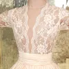 ZCL02 Cheap Illusion Bodice Lace 34 Long Sleeve Wedding Dresses 2019 Fall Champagne White Satin A Line Country Rustic Chic Bridal1205928