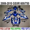 High quality bodywork set for SUZUKI GSXR750 GSXR600 2008-2010 K8 fairings K9 GSX-R600/750 08 09 10 white blue fairing kit KS79