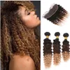 Ombre 1B 4 27 Honey Blonde Deep Wave Virgin Brazilian Human Hair Bundles With Lace Frontal Closure Three Tone Ombre Curly Hair Wefts