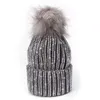 Ladies Faux Fur Large Pom Pom Rhinestones Beads Beanie Skull Slouchy Cap Warm Knitted Ski Hat A469