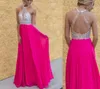Sexy Crystal Halter Chiffon Evening Dresses Latest Sleeveless Long Popular Fuchsia Prom Gowns Floor Length Backless Special Occasion Dress
