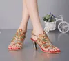 Women Banquet Prom Party Shoes Summer Rhinestone Sandals Open Toe Chunky Heel Strappy Wedding Shoes for Bride Red Black Color