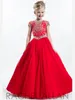 Rachel Allan Red Girl 's Pageant Dresses Sheer Crew Neck Beaded Crystals 허리 모자 소매 gilrs hy1147의 공식적인 드레스