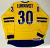 2016 جديد ، مخصص فارغ / أي namenumber 30 # HENRIK LUNDQVIST 2010 TEAM SWEDEN HOCKEY جيرسي sweden contry home / away Yellow / Blue jersey