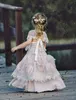 Blush Bohemian Flower Girl Dresses With Short Sleeves Tiered Lace Girls Pageant Gowns Vintage Kids Wedding Dress