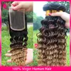 Malaysian Deep Wave Wavy Ombre Human Hair Extensions # 1b 4 27 Ombre Hair Weave Bundlar med tre ton Ombre Lace Closure 4pcs Lot