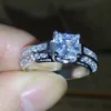 レトロサイズ6-10プリンセスカット10Kホワイトゴールドフルホワイトトパーズ結婚指輪セットギフト