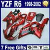 Verklei ingesteld voor Yamaha Yzf600 98-02 Zwarte vlammen in Red Fairing Kit YZF R6 YZF-R6 1998 1999 2000 2001 2002 YZF600 VB94