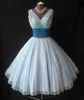 Vintage 1950s bollklänning Te-längd Korta Prom Kvällsklänningar Klänningar Real Prov V-Neck Puffy Ruffle Chiffon Christmas Party Dress