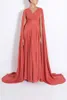 Våren Modest Muslim Long Dress Coral Chiffon Evening Dresses A Line Surplice V Neck Prom Bowns With Cape Sweep Train Custom Made6013134