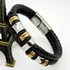 Two-tone Black Genuine Leather With Stainless Steel Mens Chain Bracelet Bangle 8.26 inch