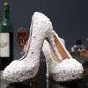 Luxury White Lace Flower Woman Party Purs Skor High Heels Damskor Rund Toe Pearl Bridal Wedding Dress Shoes