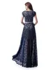 Navy Blue Lace Champagne Lining Long Modest Bridesmaid Dresses With Sleeves Jewel Neck Sheer Skirt Simple LDS Bridesmaid Robes