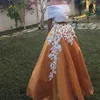 Золотая тафта белые кружевные вечерние платья сексуальные от плеча длина длина длина настенения на дюйме Двух кусок выпускной платья 2016 Арабский Дубай Женский платье 2226326