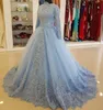 Urocze Blue Muzułmańskie Koronki Suknie Ślubne Suknie Ślubne Z Długim Rękawami Wysokiej Neck Appliqued Sukienka Dla Nowożeńców Tulle Frezowanie Plus Size Suknie Ślubne