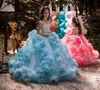 Dresses 2020 Ball Gown Girls Pageant Dresses Floor Length Ruffles Beaded Collar Kids Formal Wear Custom Made Blue White Kids Wedding Dress