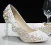Distinguished Luxury Pearl Sparkling Glass Slipper Bridal Shoes Wedding shoes High Heels Dress shoes Woman wedding shoes Lady's Party Proms