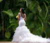 African Plus Size Mermaid Wedding Dresses 2019 Cheap V Neck Bling Beaded Tiered Ruffles Wedding Gowns Chapel Train Open Back Bridal Dress