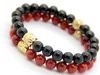 Nuevo regalo de Navidad para hombres, joyería fina, venta al por mayor, 10 unids/lote, exquisita pulsera de Buda de oro con cuentas de ágata roja y negra Natural