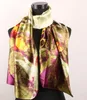 1pcs Green Leaves Plum Gold Flowers Women's Fashion Satin Oil Painting Long Wrap Shawl Beach Silk Scarf 160X50cm