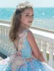 2022 lindo céu azul meninas pageant vestidos lace 3d apliques florais sem encosto com arco crianças flor flores vestido princesa barato vestidos de aniversário