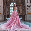 Pembe Backless Overksirt Dantel Gelinlik Modelleri Boncuklu Sheer Bateau Boyun Abiye Aplike Sweep Tren Vestidos De Fiesta Pageant Abiye