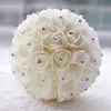Jane Vini Cheap White Bridal Bouquet PU Roses Crystal Beaded Wedding Flower Bouquet Beige Artificial Brooch Bouquet Bride Ramo De 1156018