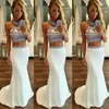 New Unique Wedding Gowns Mermaid Two Pieces Prom Dresses High Neck Illusion Halter Colorful Crystals Beading Evening Formal Wear Sweep Train