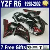 Custom Fairing Kit för YZF-R6 98-02 Yamaha YZF600 YZF R6 1998 1999 2000 2001 2002 Svart Blå Motorcykel Fairings Set GG36 +7 Presenter