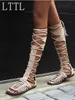 2017 sommer Mode Lace-Up Lange Gladiator Sandalen Ausschnitte Kniehohe Frauen Stiefel Peep Toe Plus Größe Frauen flache Schuhe