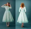 Mint Zielony Prom Dresses Koronki Wysokiej Neck Herbata Długość Pół Długie Rękawy Suknie Ślubne Z Przykrytym Przykładem Powrót Masquerade Party Dresses