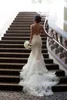 Romantisk sjöjungfrun spets bröllopsklänningar Spaghetti band Tulle Sweep Train Applique Slida Charmig Bridal Gowns Backless Wedding Dress 2015