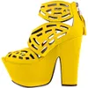 Yellow Cut Out Sandals Womens Shoes High Heels Coppy Leather Platform Summer Women Shoes Pumps New Design Girls Shoe Square Heel 15cm Clutch