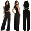 Wholesale-2015 Fashion Sleeveless Sexy Jumpsuit Summer Black High Waist Hollow Out Long Jumpsuits Female Overalls With Belt HO659134