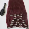 160g 20 22inch Clip In Human Hair Extensions Brasilianska Hår 99J # / Rödvin Remy Rak Hår Vävar 10st / Set Free Comb