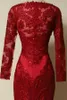 Wysokiej jakości prawdziwe sukienki zdjęciowe Czerwony Syrenka Suknie Wieczorowe Illusion Neck Długie Rękawy Zroszony Haft Korowód Formalny Party Plus Rozmiar