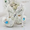 New Style Heart of Ocean Handmade Wedding Shoes Noble White Pearl High Heel Platforms Bride Shoes Rhinestone Function Party Prom Pumps