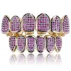 Grills New Custom Fit Hip Hop Gold Teeth Grillz Caps Micro Pave Fuchsia Cubic Zirconia Top & Bottom Grills Set for Christmas Gift