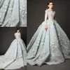 2016 High Neck Long Sleeve Arabiska Aftonklänningar Sage Lace Applique Ball Gown Prom Klänningar Skräddarsydda Court Train Formal Party Dresses