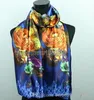 1pcs Gold Flower Royal Blue Purple Scarves Women's Fashion Satin Oil Painting Long Wrap Shawl Beach Silk Scarf 160X50cm