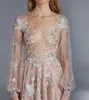 Paolo Sebastian Prom Dresses Sexy See Through Long Sleeves A Line Tulle Flower Bird Appliques Formal Dress Celebrity Dress For Red Carp