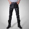 Partihandel-Mens Svart Läderbyxor Faux Läder PU Material Svart Färg Motorcykel Skinny Faux Läderbyxor För Män