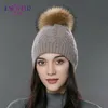 Enjoyfur Casual Fur Inverno Pompom Hat para as Mulheres Cashmere Wool Cotton Hat Gorros Real Big pele de guaxinim Pompom Gorros Cap Fox Fur Bobble Hat