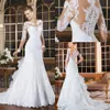 2022 Vintage Long Sleeves Mermaid Wedding Dresses Appliqued Lace Button Tiered Ruffles Back Bride Gowns vestidos de novia robe de 237b