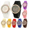 Kleurrijke mode schaduw Geneva 3 ogen kristal diamant jelly rubber siliconen horloge unisex mannen dames kwarts candy jelly horloges 6263381