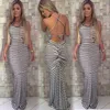 Groothandel- vrouwen zomer vintage boho gestreepte lange maxi avond feest strand jurk backless riem sundress vrouwen kleding