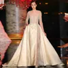 2015 Elie Saab Dresses Sheer Zroszony Puffy A-Line Sweep Pociąg Satyna Długie Formalne Suknie z aplikacjami Długie Rękawy Celebrity Suknie Suknie