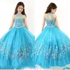 2019 Ny Rachel Allan Girls Pagant Klänningar Sheer High Neck Beaded Crystal Ärmlös Bollklänning Turkos Tulle Flower Girl Dresses 153